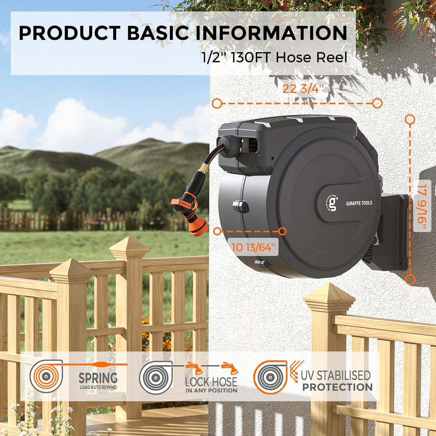 Retractable Garden Hose Reel 1/2" x 130ft | Wall Mount & 180 Degree Swivel Bracket—Slow Return System