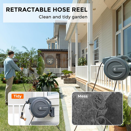 Retractable Garden Hose Reel 1/2" x 130ft | Wall Mount & 180 Degree Swivel Bracket—Slow Return System